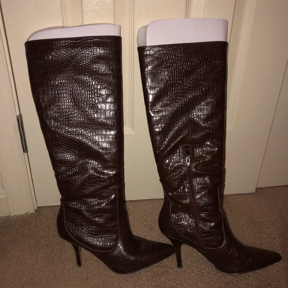 Express knee high brown snakeskin heel boots